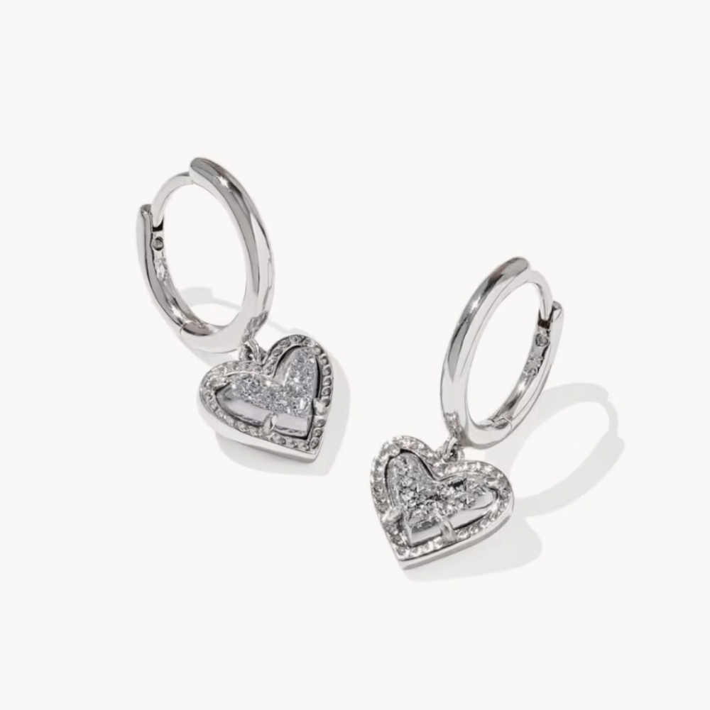 Kendra Scott Ari Heart Silver Huggie Platinum Drusy Earrings *Current*